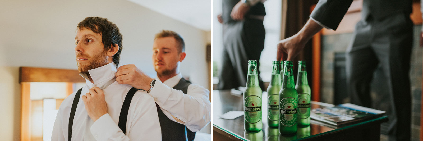 Groomsmen getting ready for the wedding enjoying Hieneken Beer