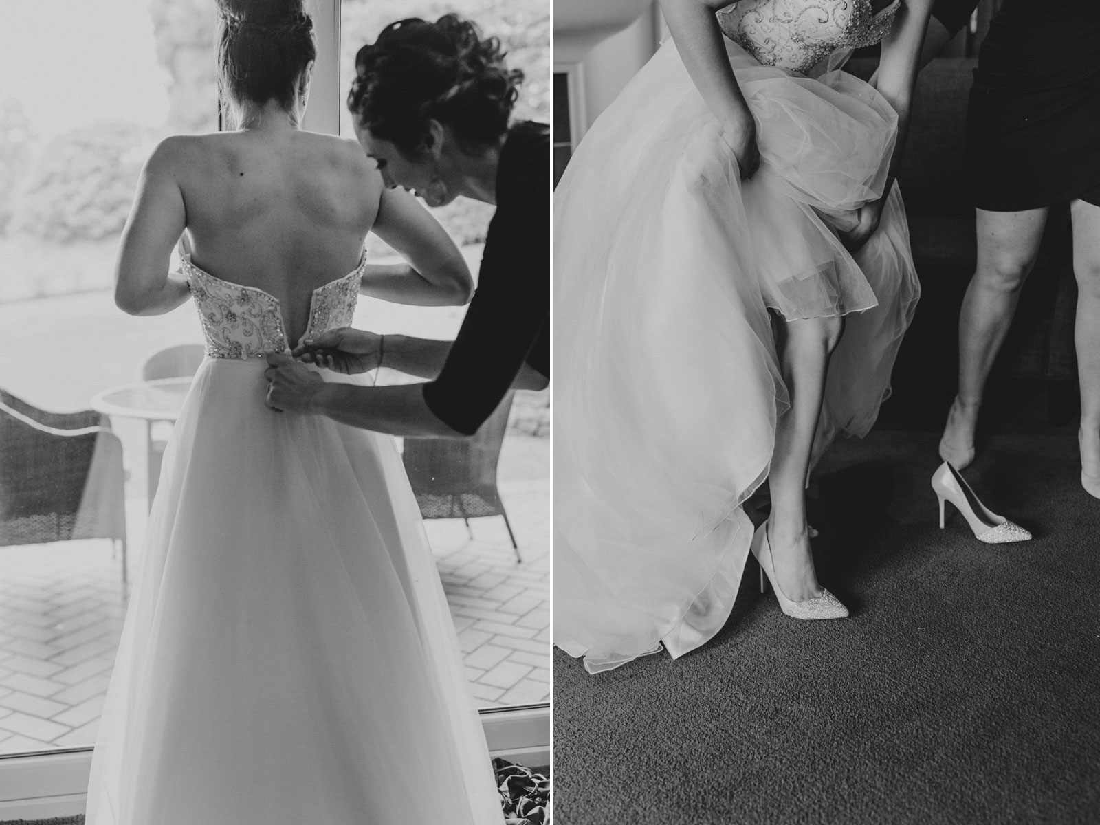Bride getting her dress on