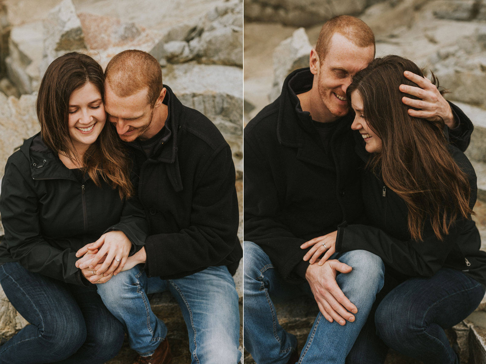 Engaged couple sitting together on the beach