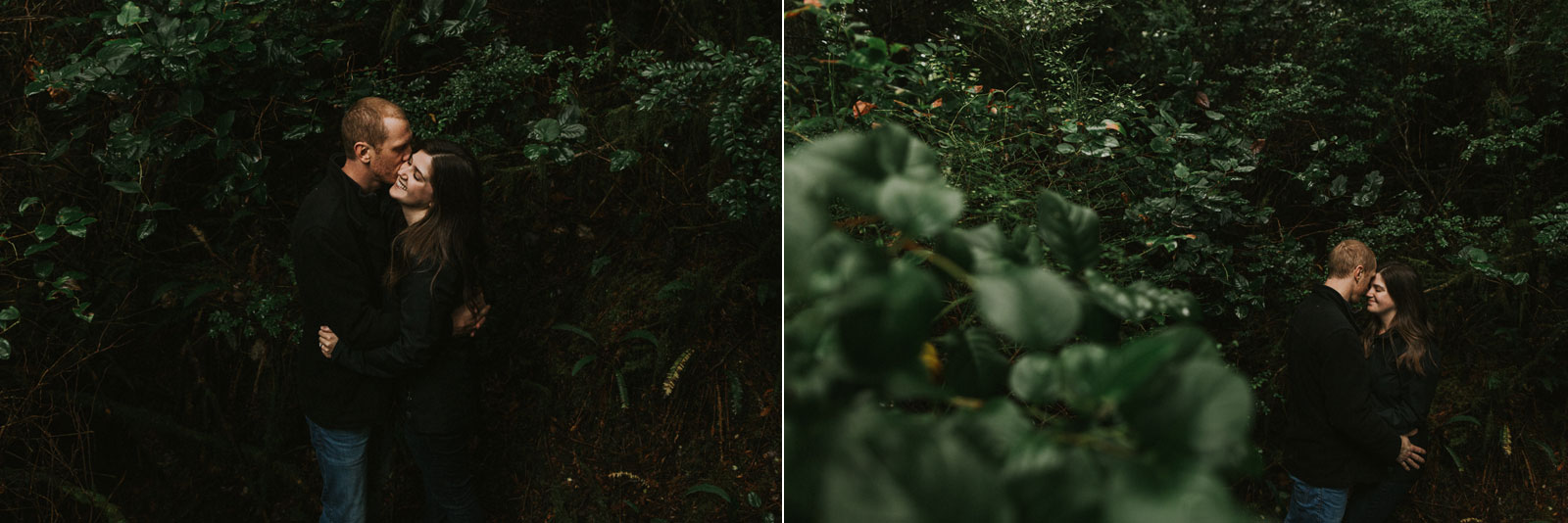Engaged couple cuddling in the forest