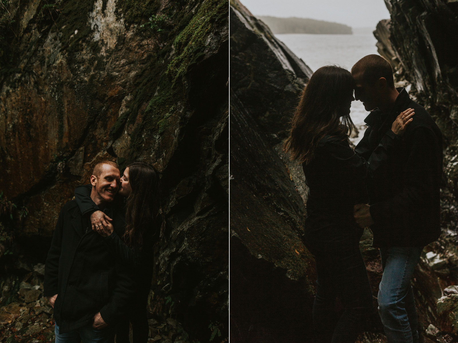 Engaged couple exploring a grotto near Tonquin Beach