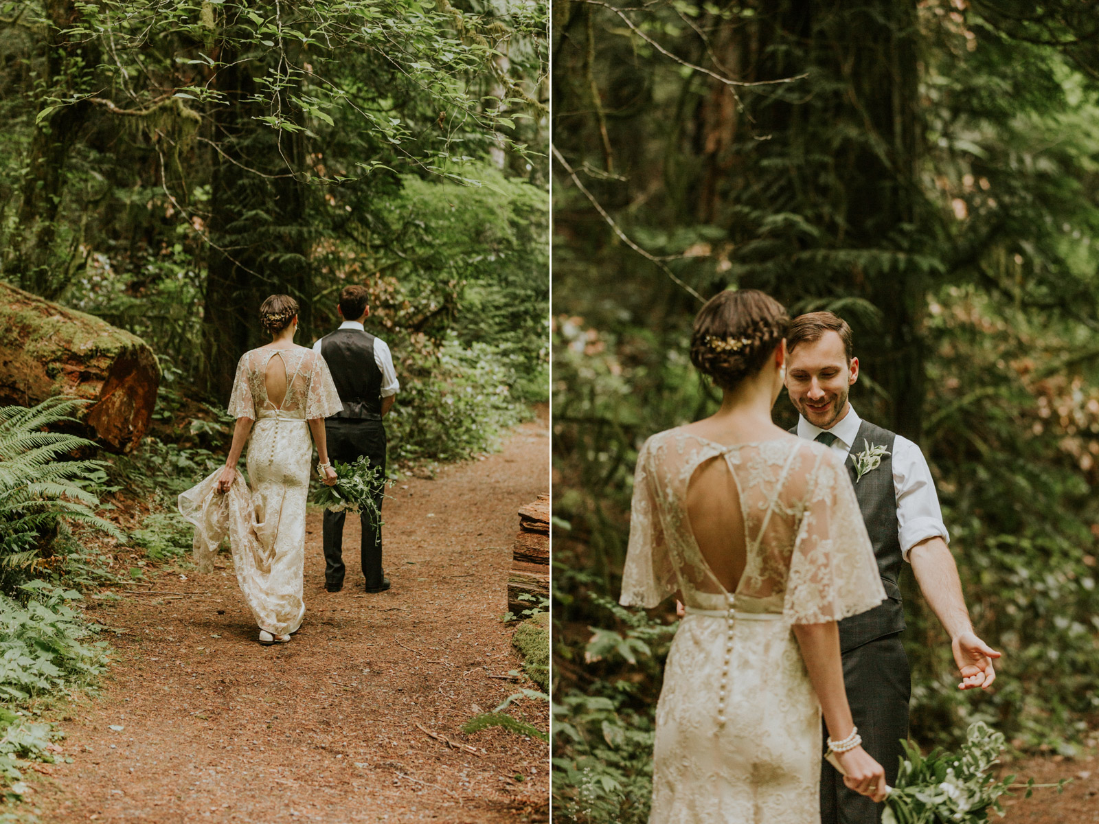 Bride and groom first look on wedding day in the forest