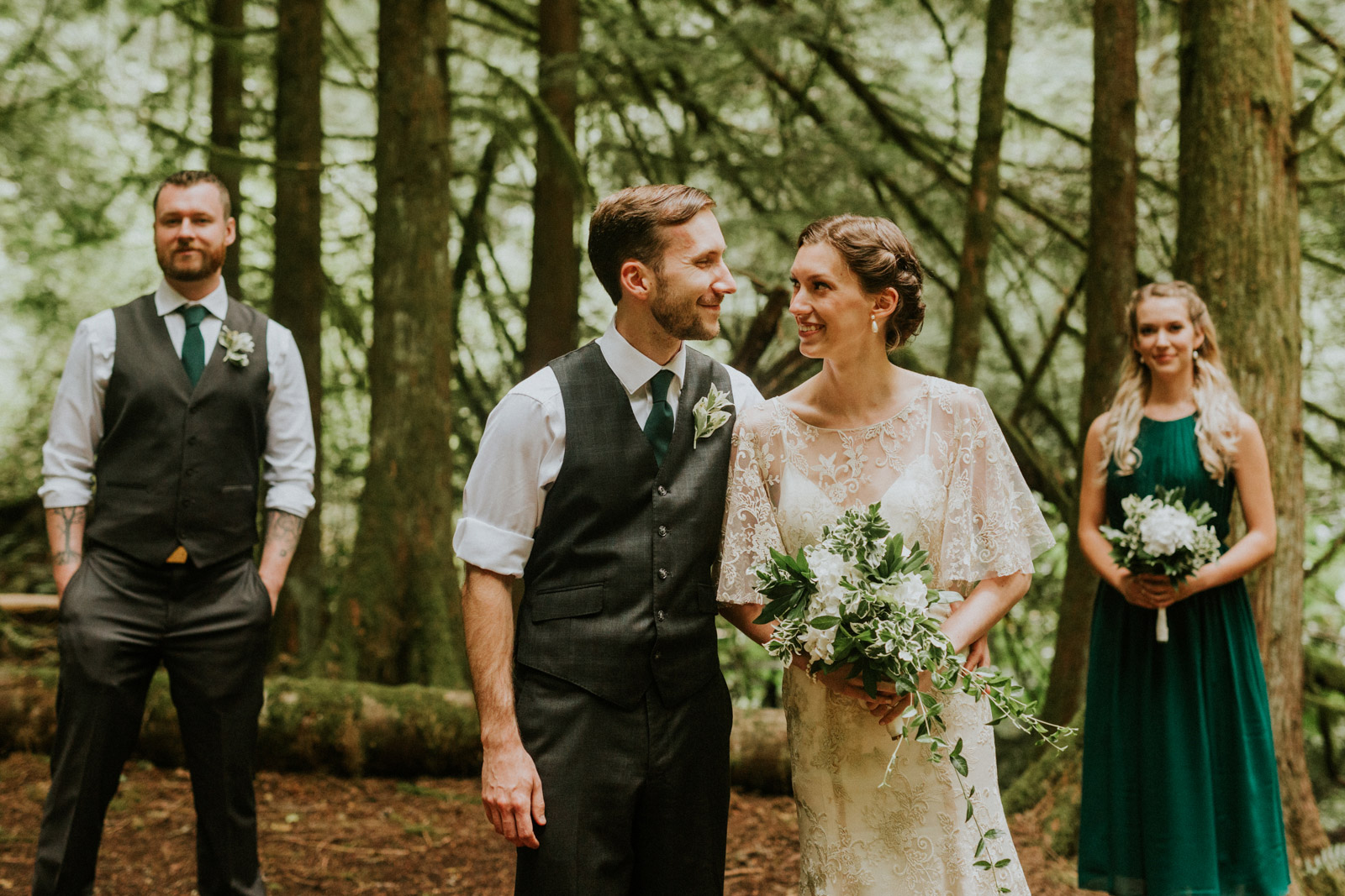 Wedding party portrait in old growth forest