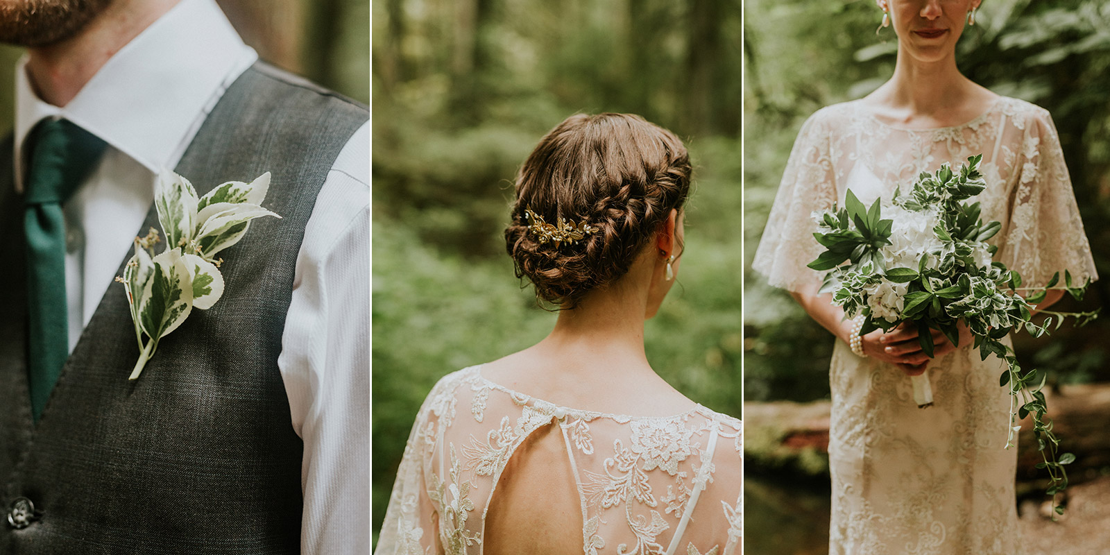 Boutonniere, bridal bouquet, and wedding hairstyle details