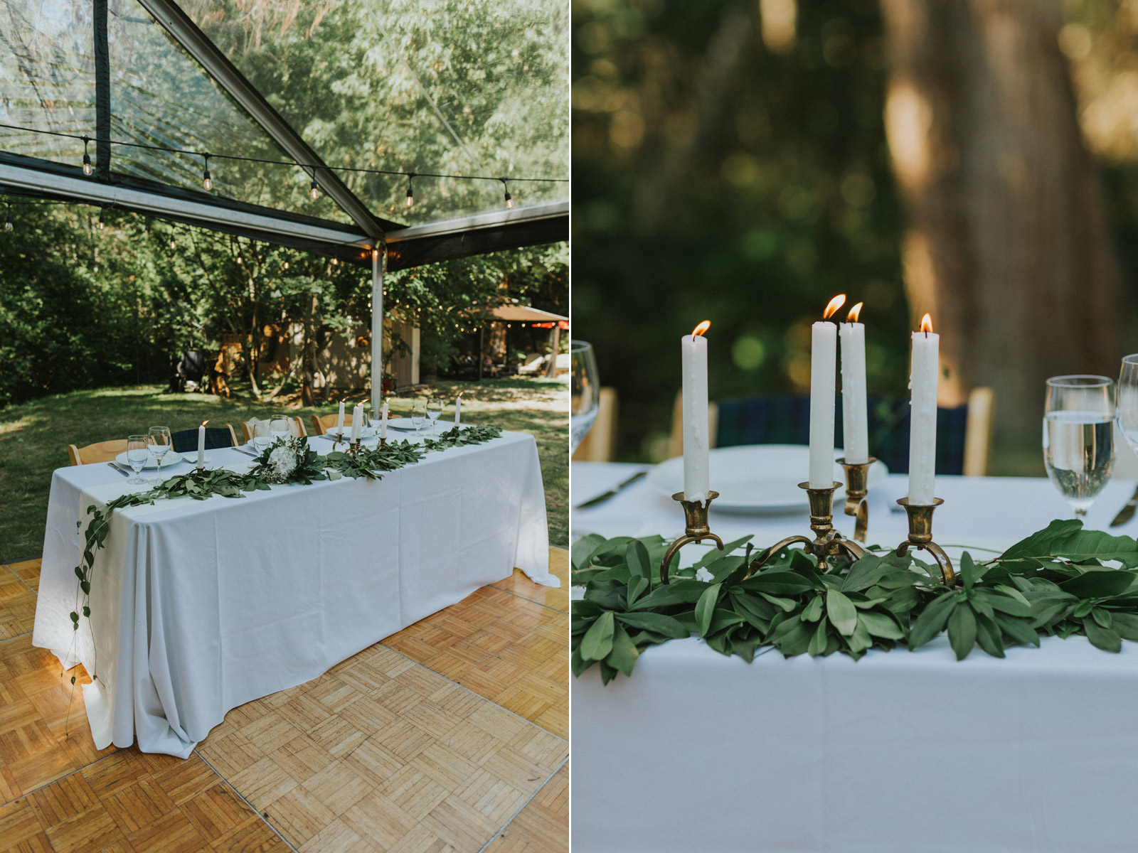 Backyard wedding reception decorated tent