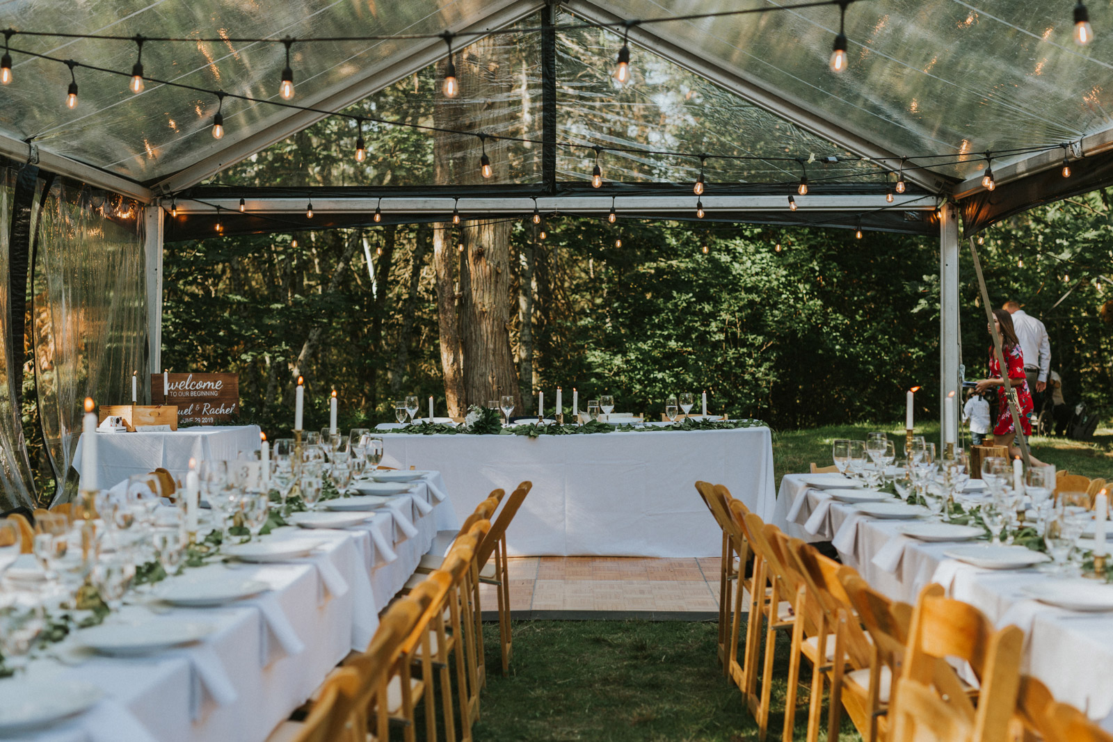 Tented backyard wedding reception decorations