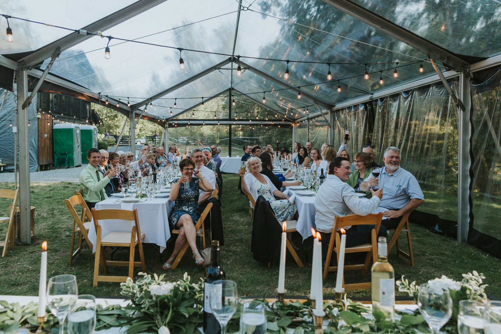 Harvest table backyard wedding reception