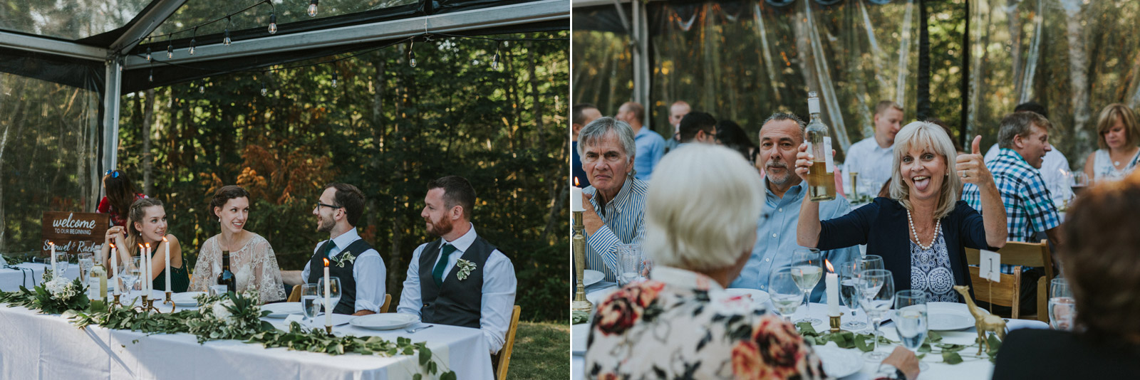 Harvest table wedding reception under tent