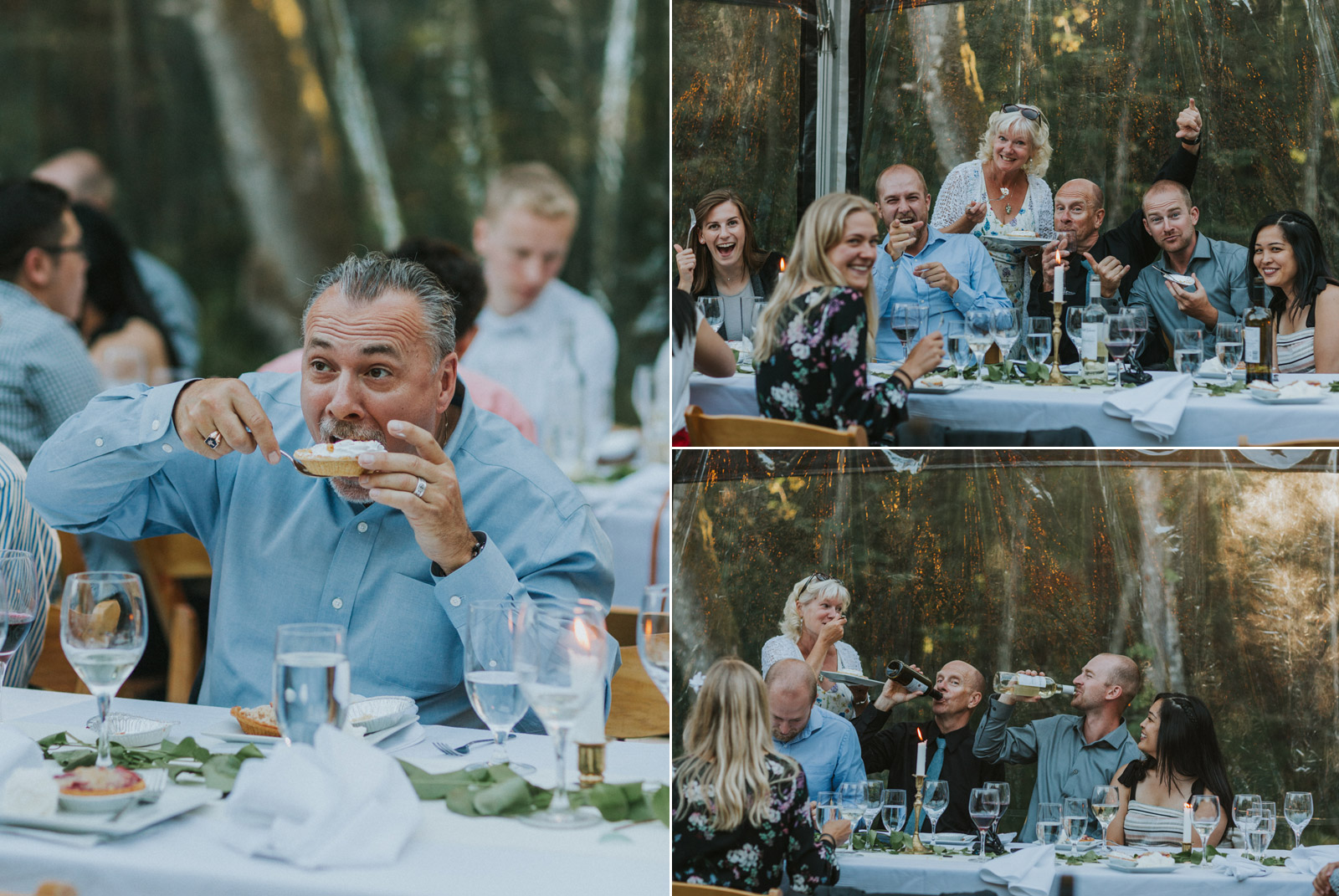 Wedding guests enjoying pie and wine