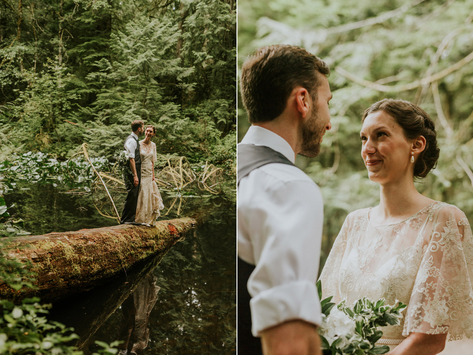Bride and groom woodsy first look